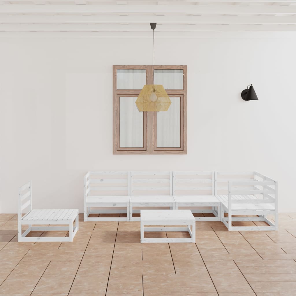 Set Divani da Giardino 7 pz Bianchi in Legno Massello di Pino