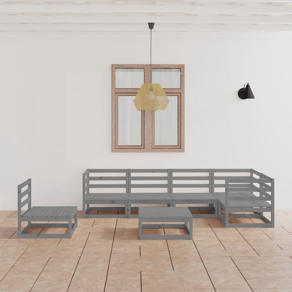 Set Divani da Giardino 7 pz Grigi in Legno Massello di Pino