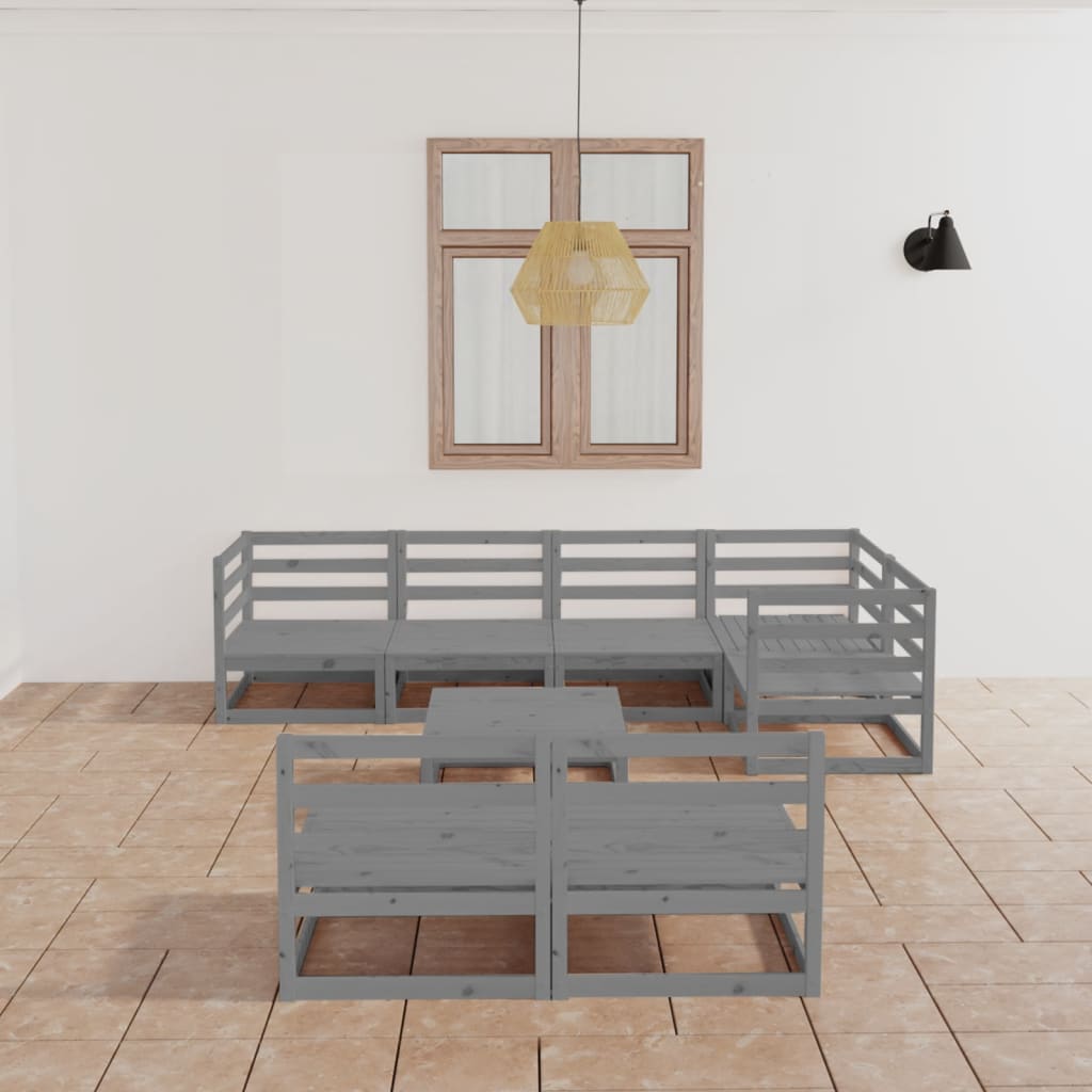 Set Divani da Giardino 8 pz Grigio in Legno Massello di Pino
