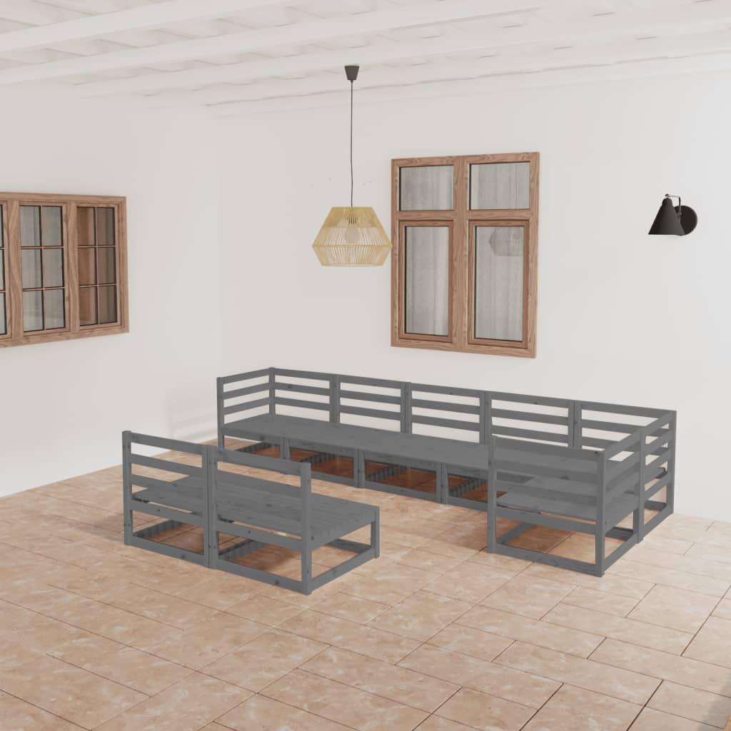 Set Divani da Giardino 8 pz Grigio in Legno Massello di Pino