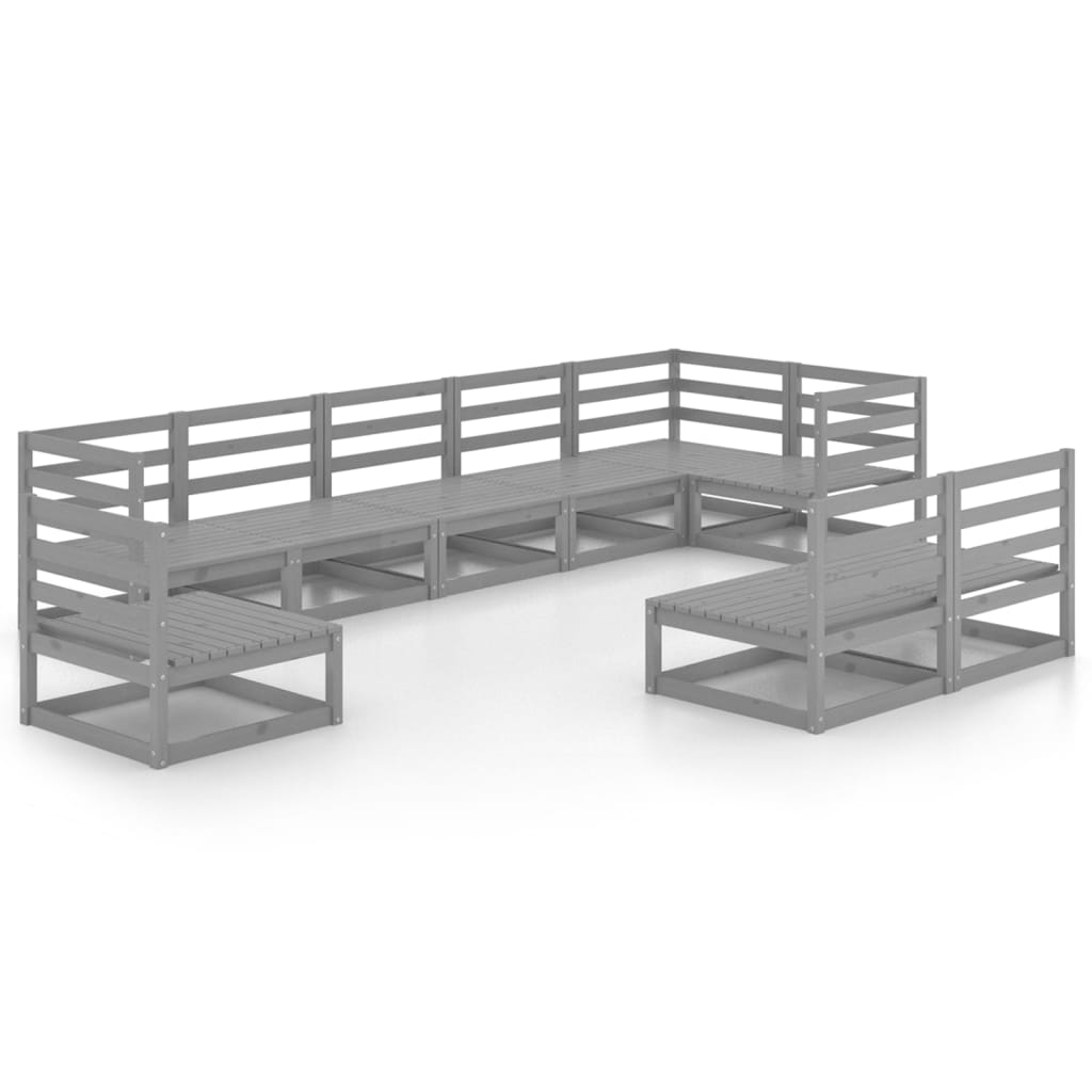 Set Divani da Giardino 9 pz Grigio in Legno Massello di Pino