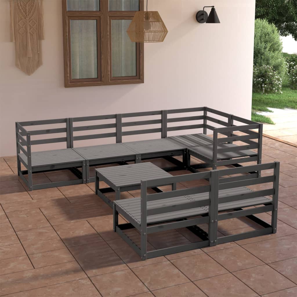 Set Divani da Giardino 8 pz Grigio in Legno Massello di Pino