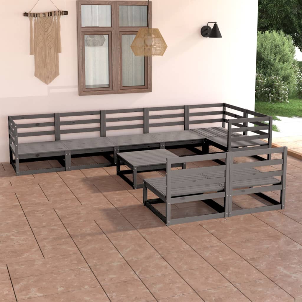 Set Divani da Giardino 9 pz Grigio in Legno Massello di Pino