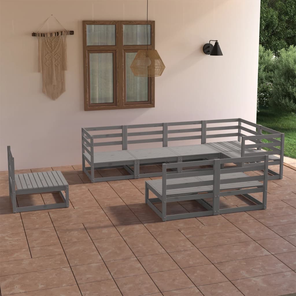 Set Divani da Giardino 8 pz Grigio in Legno Massello di Pino