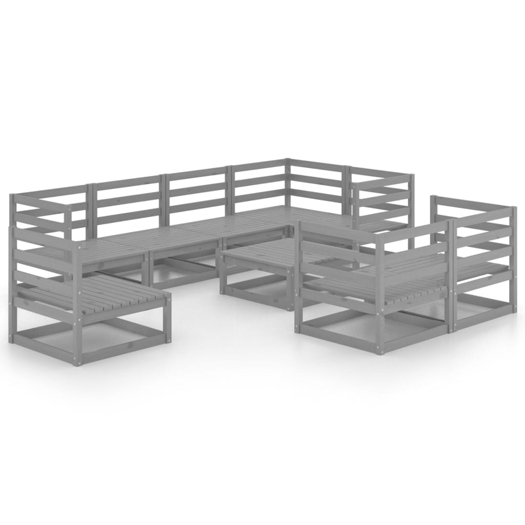 Set Divani da Giardino 9 pz Grigio in Legno Massello di Pino
