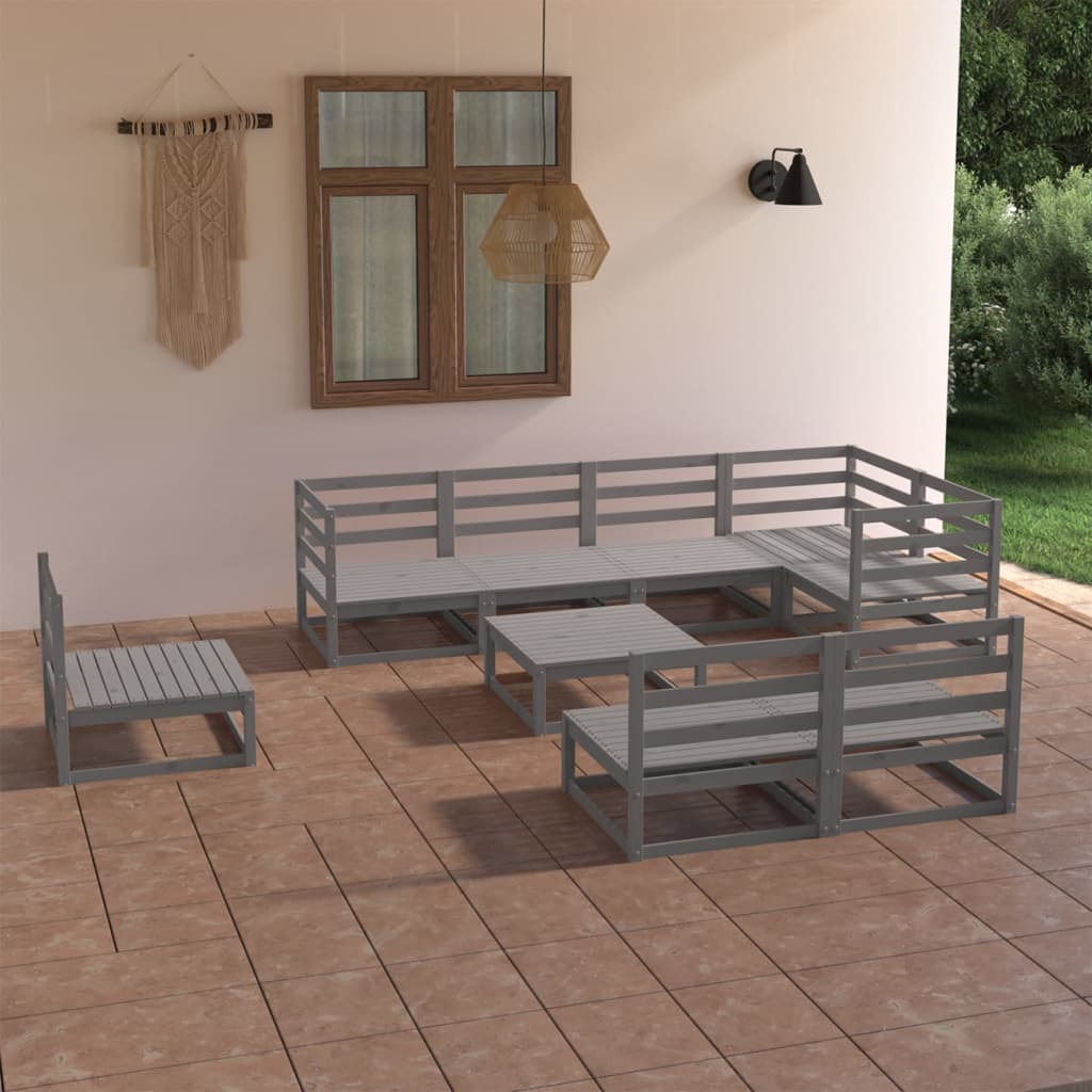 Set Divani da Giardino 9 pz Grigio in Legno Massello di Pino