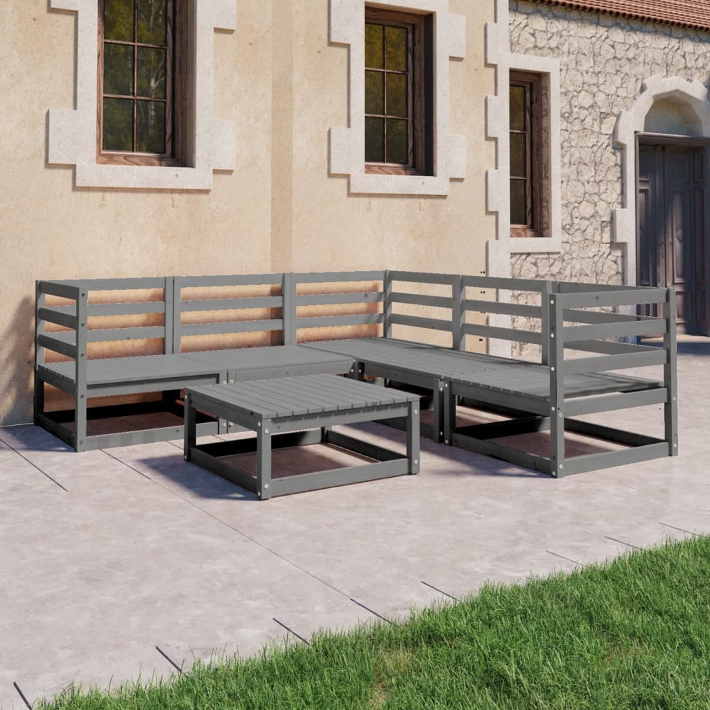 Set Divani da Giardino 6 pz Grigi in Legno Massello di Pino
