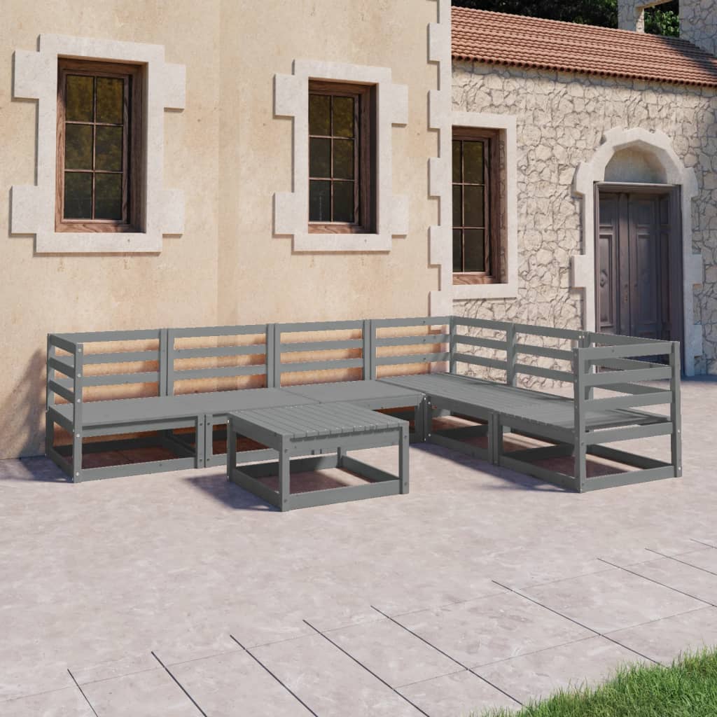 Set Divani da Giardino 7 pz Grigi in Legno Massello di Pino