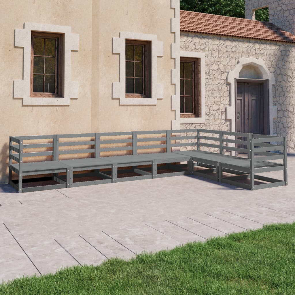 Set Divani da Giardino 7 pz Grigi in Legno Massello di Pino