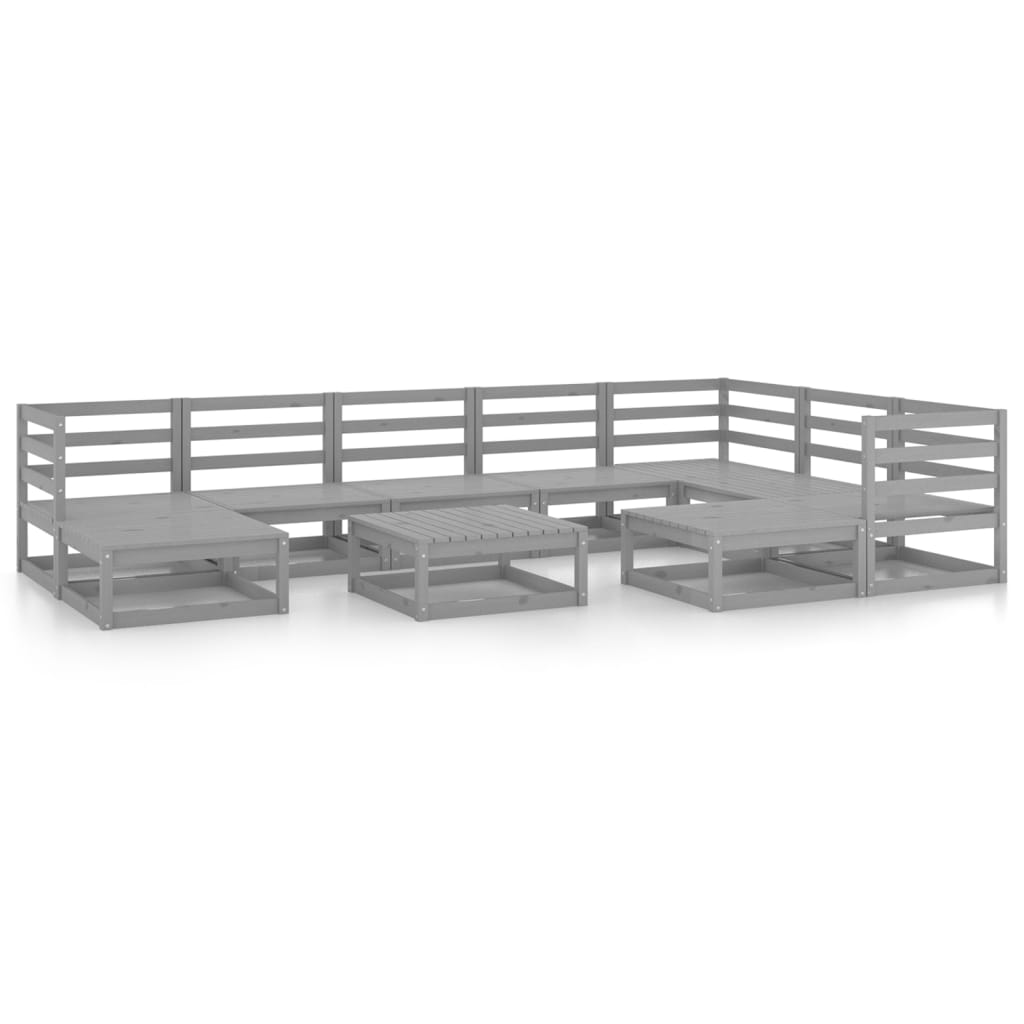 Set Divani da Giardino 10 pz Grigi in Legno Massello di Pino