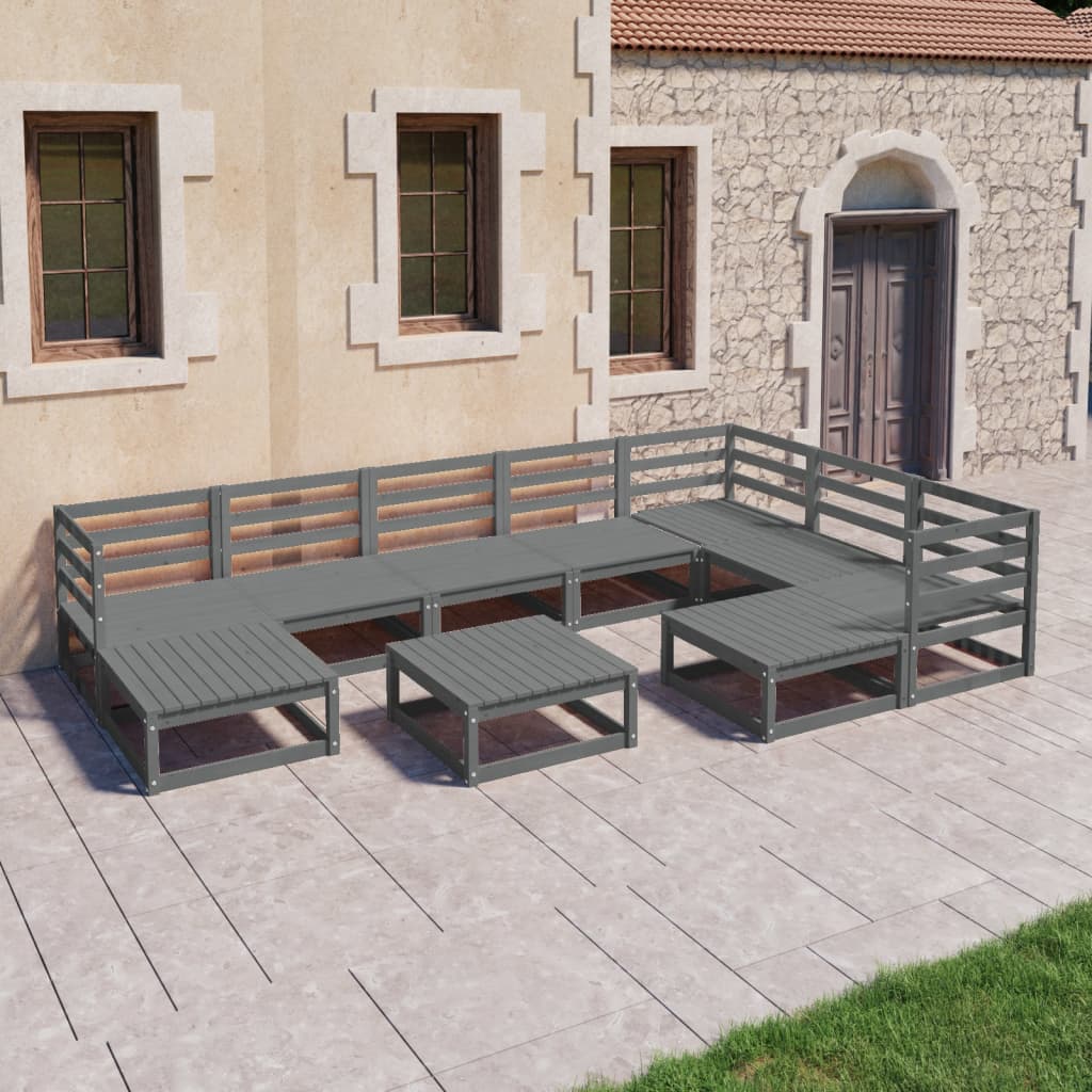 Set Divani da Giardino 10 pz Grigi in Legno Massello di Pino