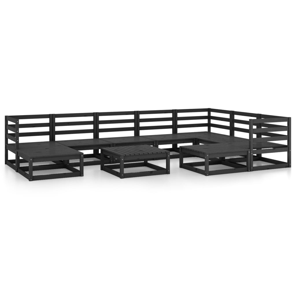 Set Divani da Giardino 10 pz Nero in Legno Massello di Pino