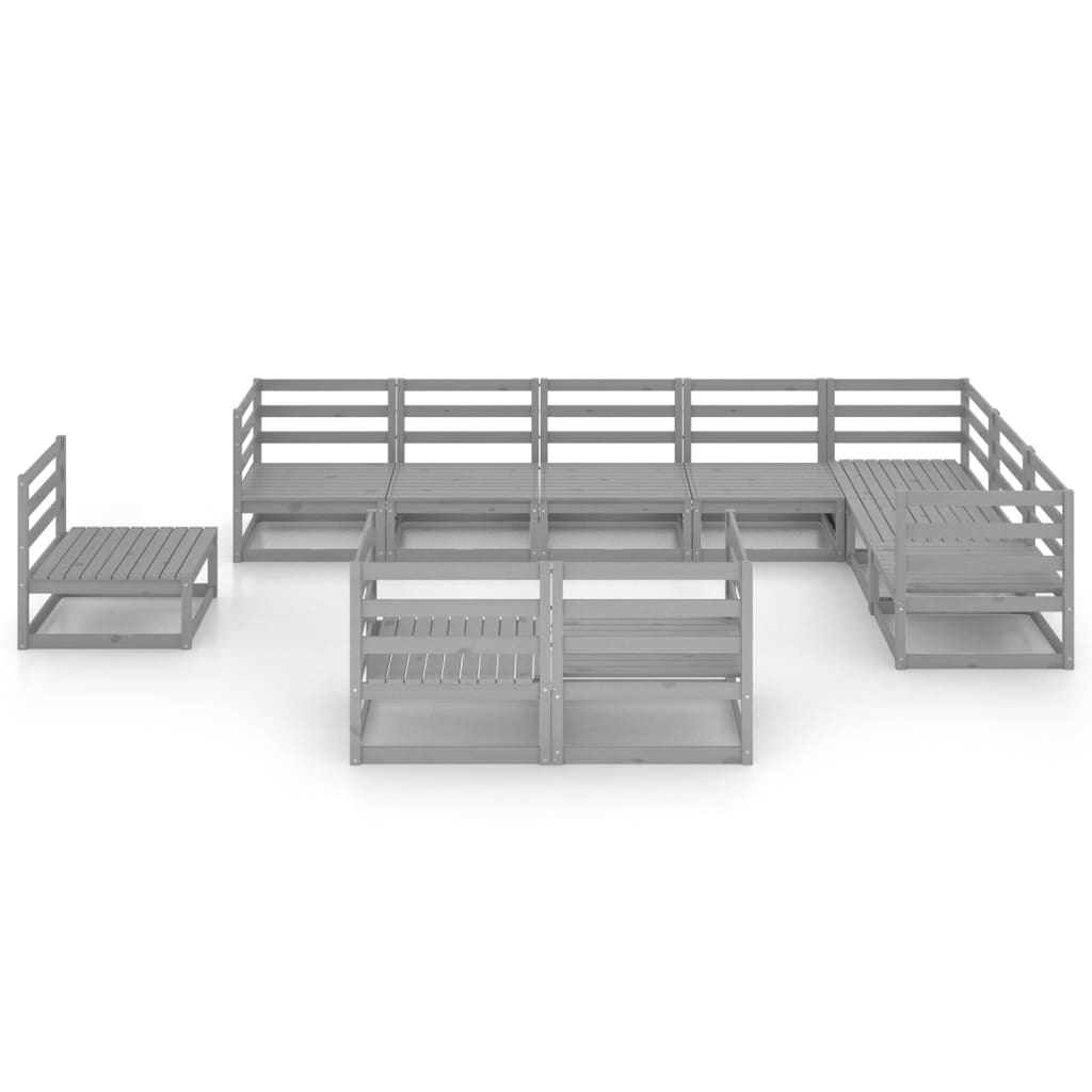 Set Divani da Giardino 10 pz Grigi in Legno Massello di Pino