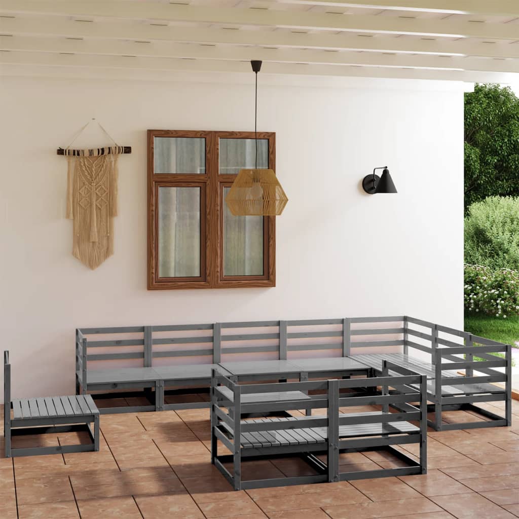 Set Divani da Giardino 11 pz Grigi in Legno Massello di Pino