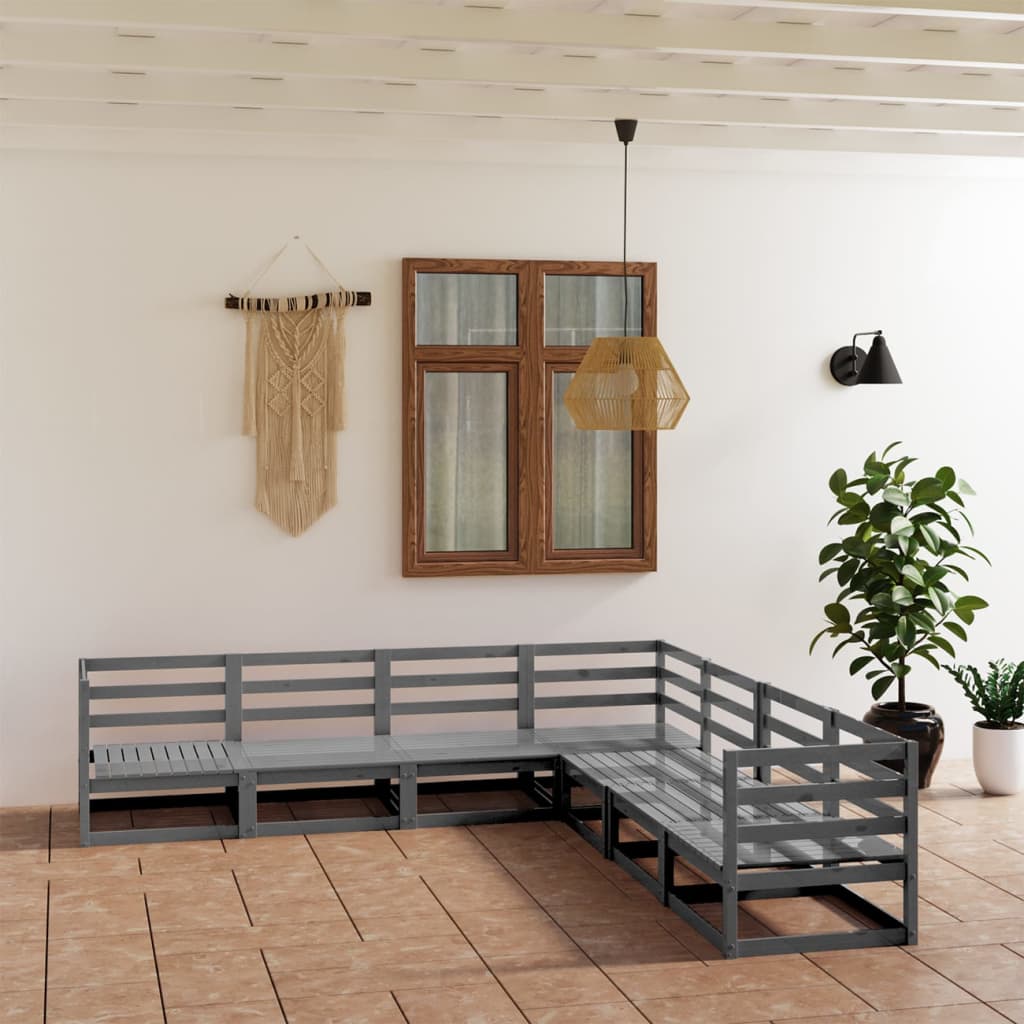 Set Divani da Giardino 7 pz Grigi in Legno Massello di Pino