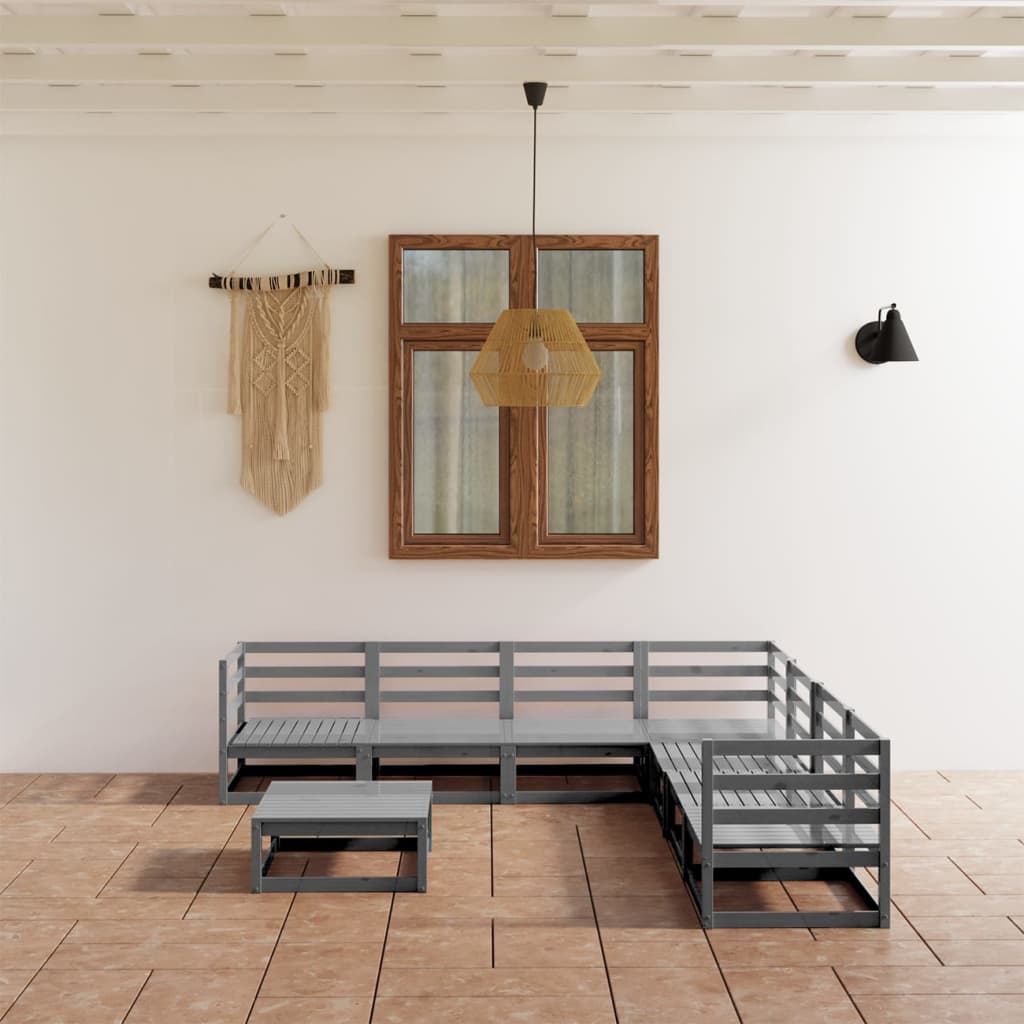 Set Divani da Giardino 8 pz Grigi in Legno Massello di Pino
