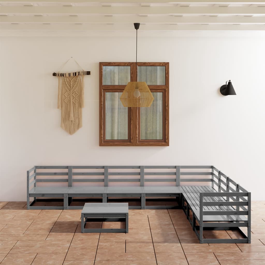 Set Divani da Giardino 9 pz Grigi in Legno Massello di Pino