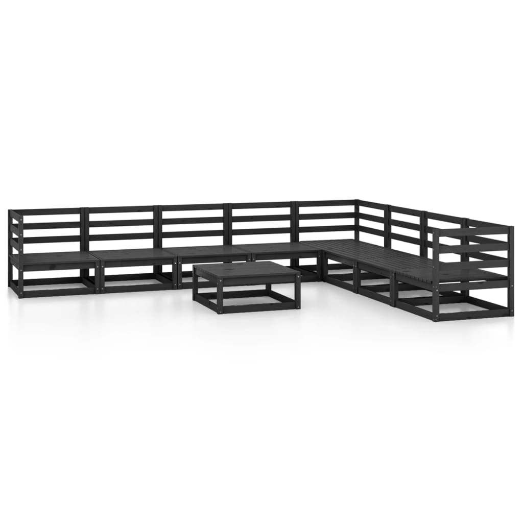 Set Divani da Giardino 9 pz Nero in Legno Massello di Pino