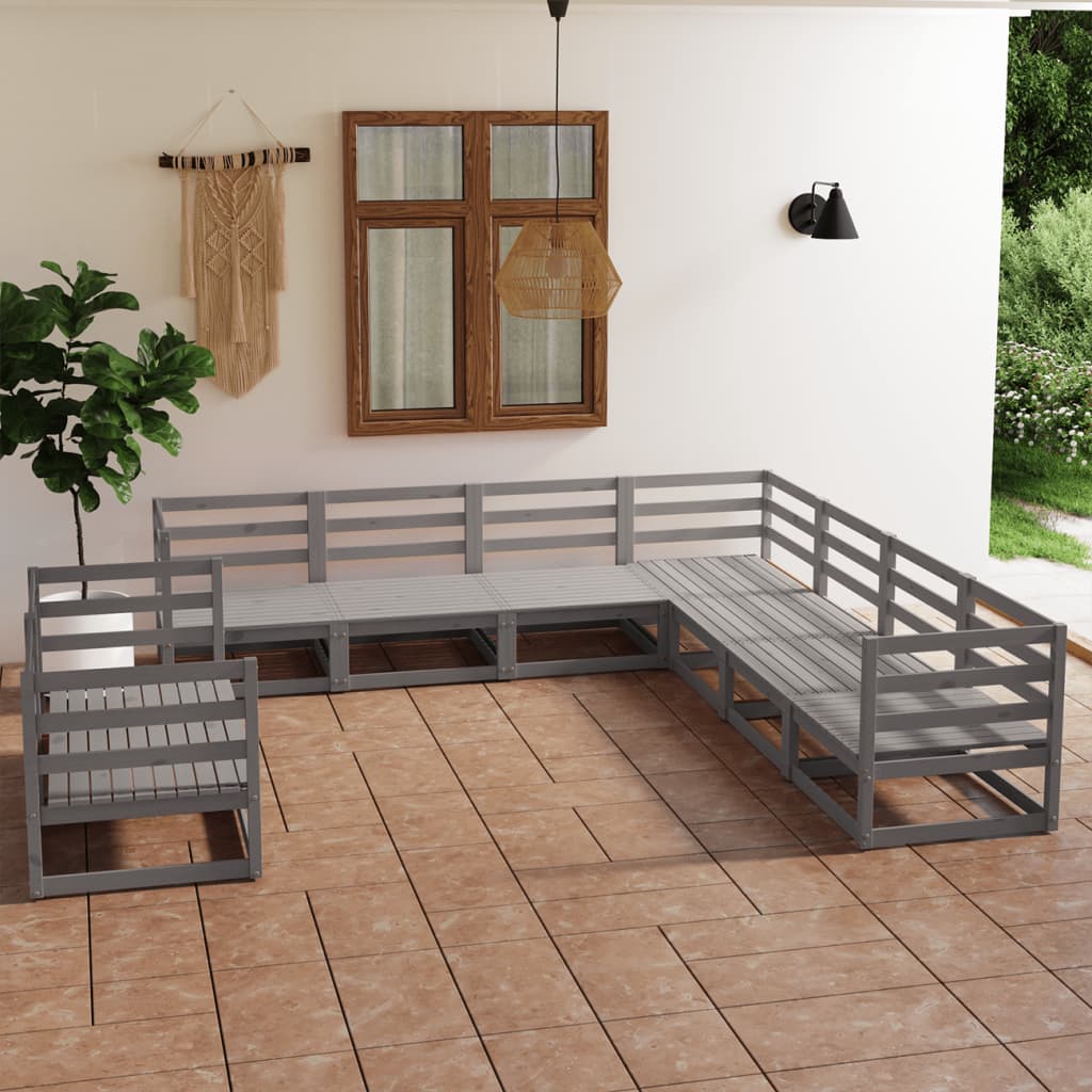 Set Divani da Giardino 9 pz Grigio in Legno Massello di Pino