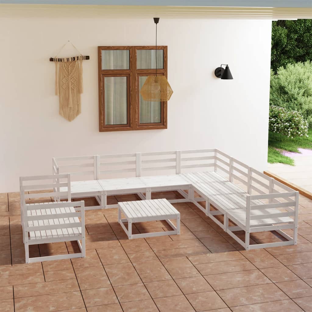 Set Divani da Giardino 10 pz Bianco in Legno Massello di Pino