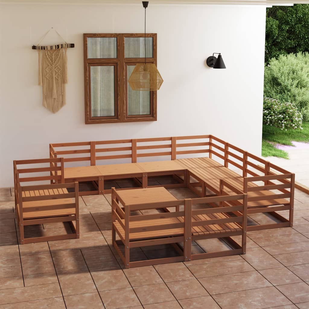 Set Divani da Giardino 12 pz Marrone Ambra Legno Massello Pino