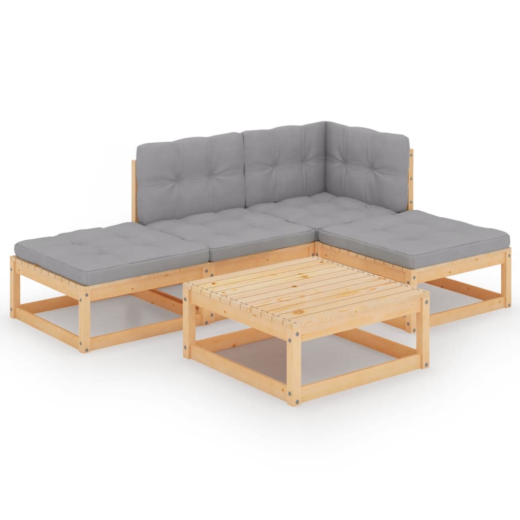 Set Divani da Giardino 5 pz con Cuscini Legno Massello di Pino