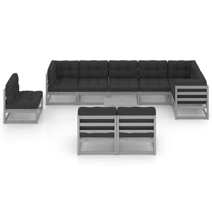 Set Salotto Giardino 10pz Cuscini Antracite Legno Massello Pino