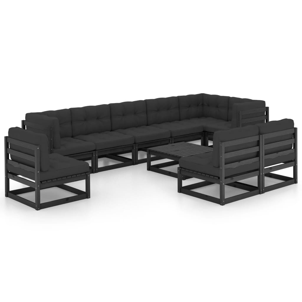 Set Salotto Giardino 10pz Cuscini Antracite Legno Massello Pino