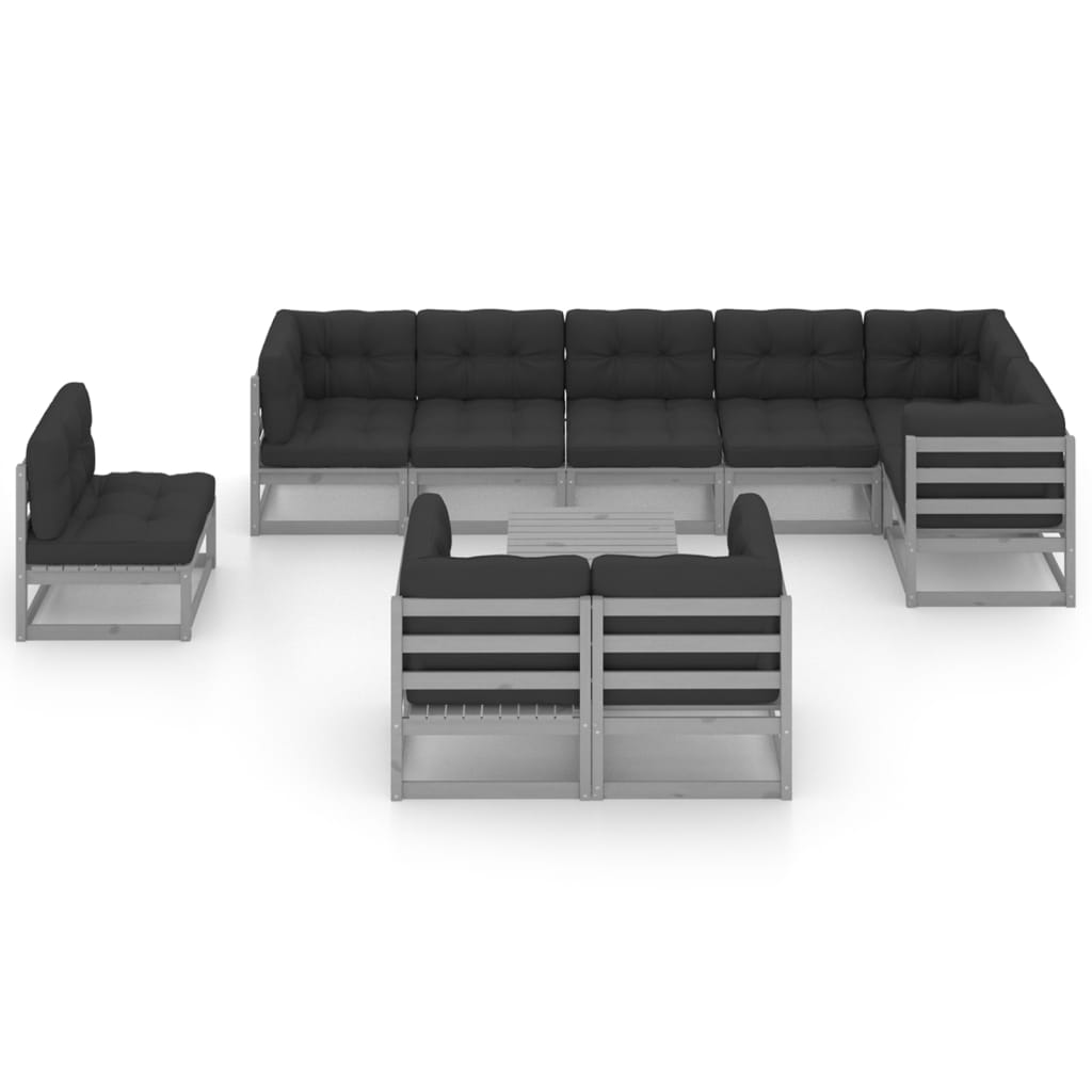Set Salotto Giardino 10pz Cuscini Antracite Legno Massello Pino