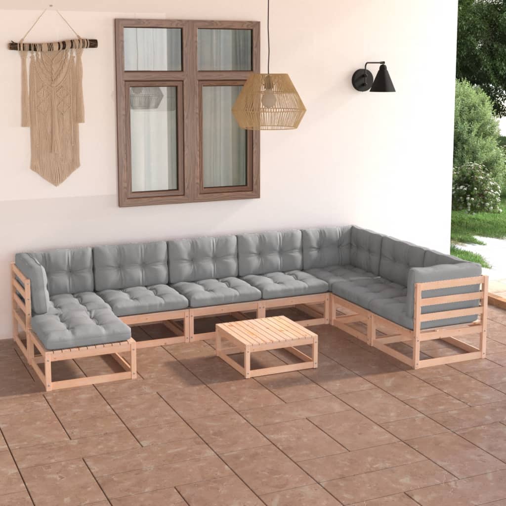 Set Salotto Giardino 9 pz Cuscini Antracite Legno Massello Pino