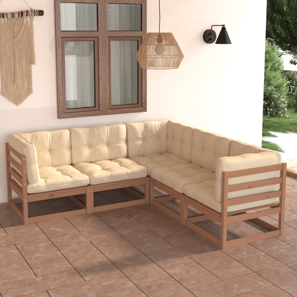 Set Divani Giardino 5 pz con Cuscini in Legno Massello di Pino