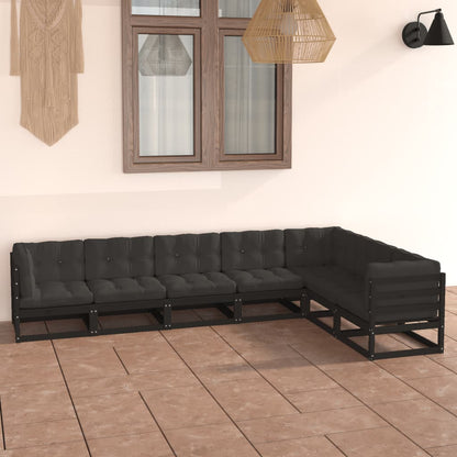 Set Divani da Giardino 7 pz con Cuscini Massello di Pino Nero