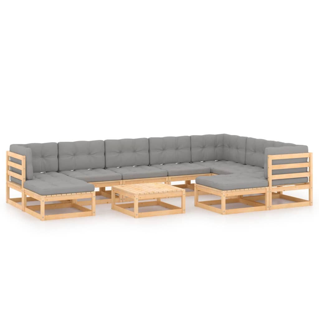Set Salotto Giardino 10pz Cuscini Antracite Legno Massello Pino