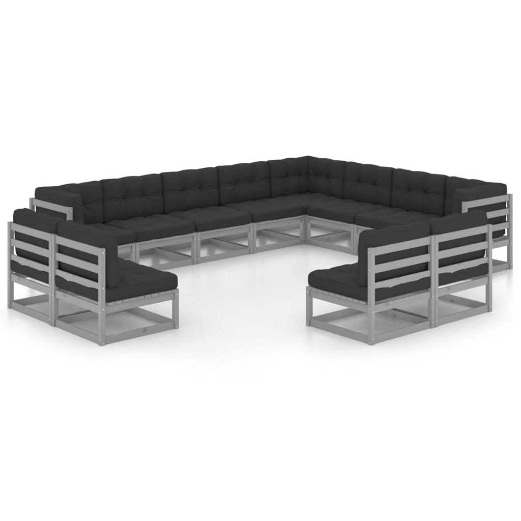 Set Divani da Giardino 12pz con Cuscini Grigio Massello di Pino