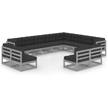 Set Divani da Giardino 12pz con Cuscini Grigio Massello di Pino