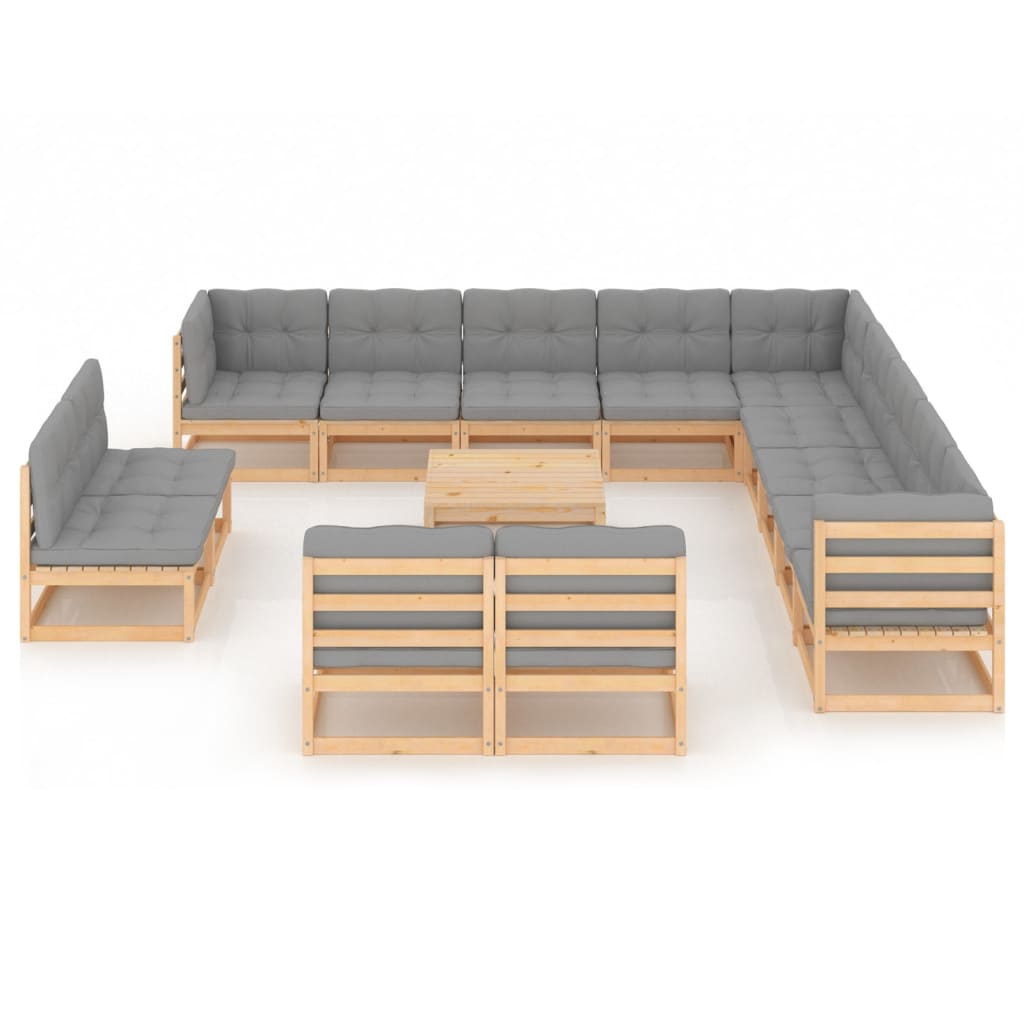 Set Divani Giardino 14 pz con Cuscini in Legno Massello di Pino