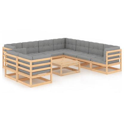 Set Salotto Giardino 10pz Cuscini Antracite Legno Massello Pino