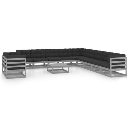Set Divani da Giardino 12pz con Cuscini Grigio Massello di Pino