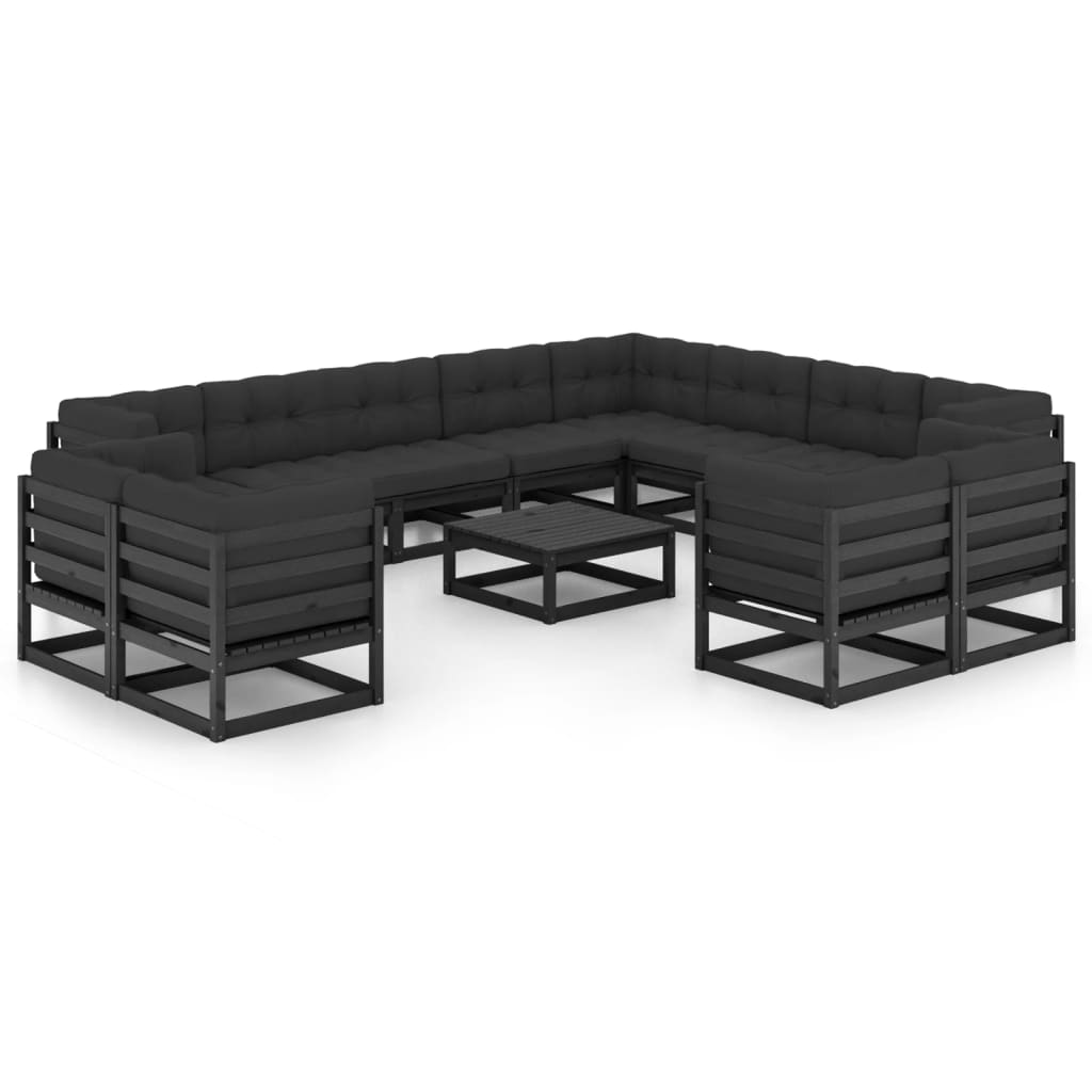 Set Divani da Giardino 13 pz con Cuscini Massello di Pino Nero