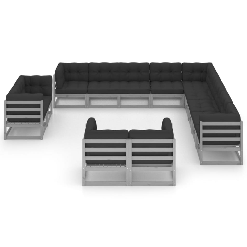 Set Divani da Giardino 13 pz Grigio Cuscini Massello di Pino