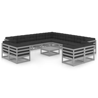 Set Divani da Giardino 14pz con Cuscini Grigio Massello di Pino