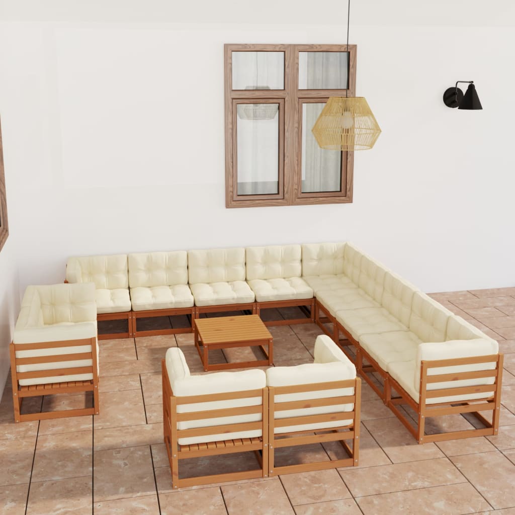 Set Salotto Giardino e Cuscini 14 pz Legno Massello Pino Ambra