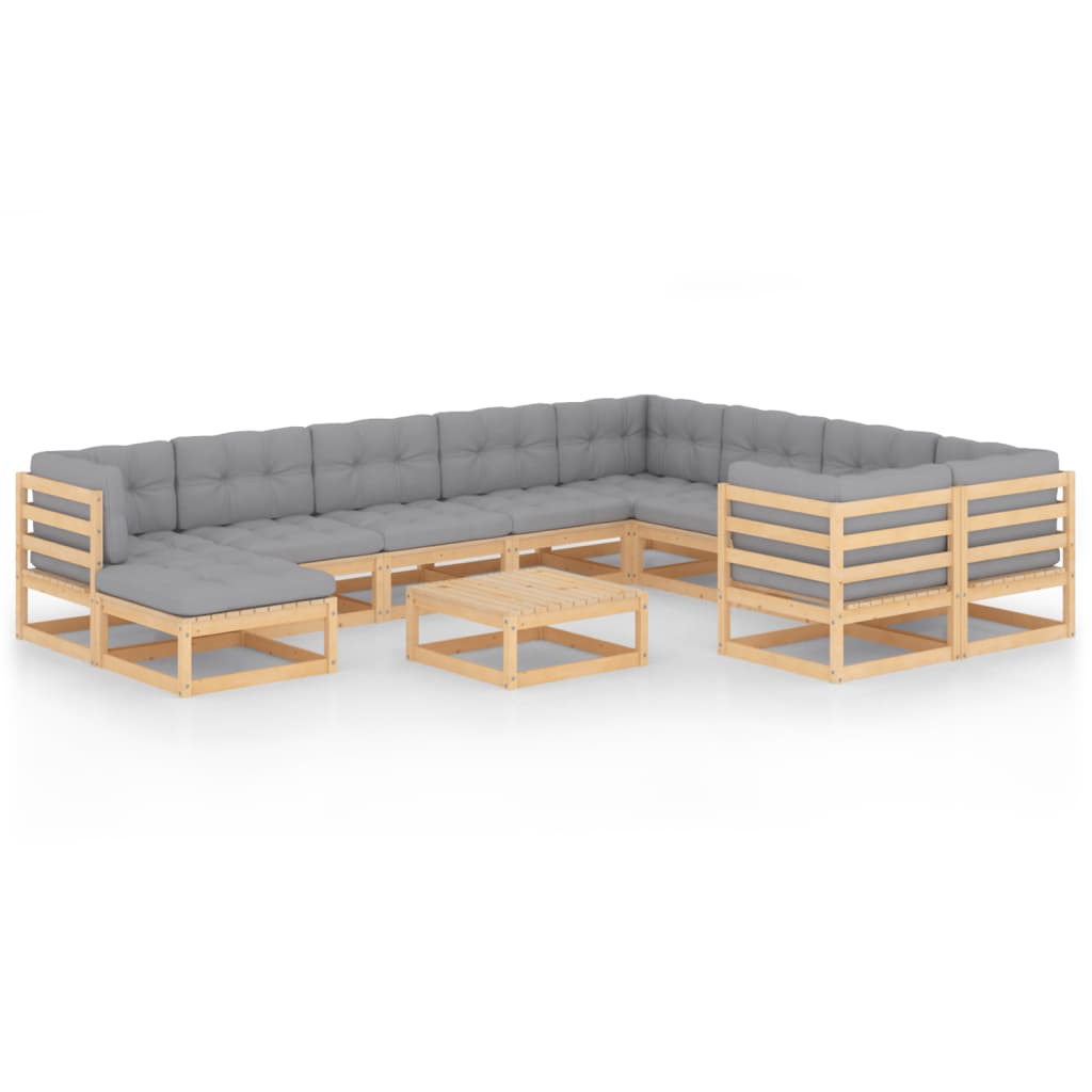 Set Divani Giardino 11 pz con Cuscini in Legno Massello di Pino