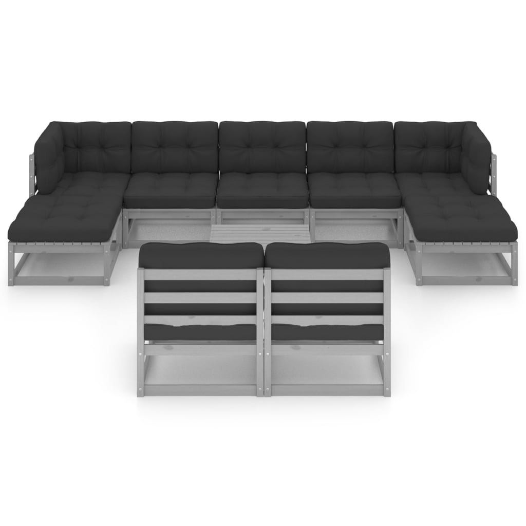 Set Divani da Giardino 10pz con Cuscini Grigio Massello di Pino