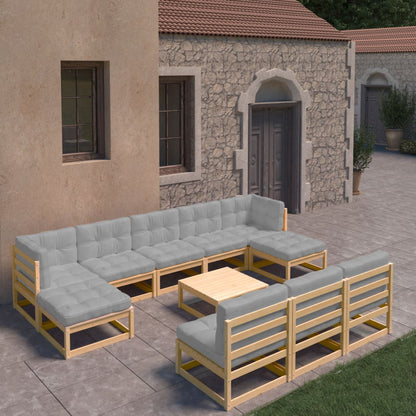 Set Divani Giardino 11 pz con Cuscini in Legno Massello di Pino