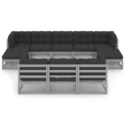 Set Divani da Giardino 10pz con Cuscini Grigio Massello di Pino