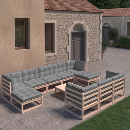 Set Divani Giardino 11 pz con Cuscini in Legno Massello di Pino