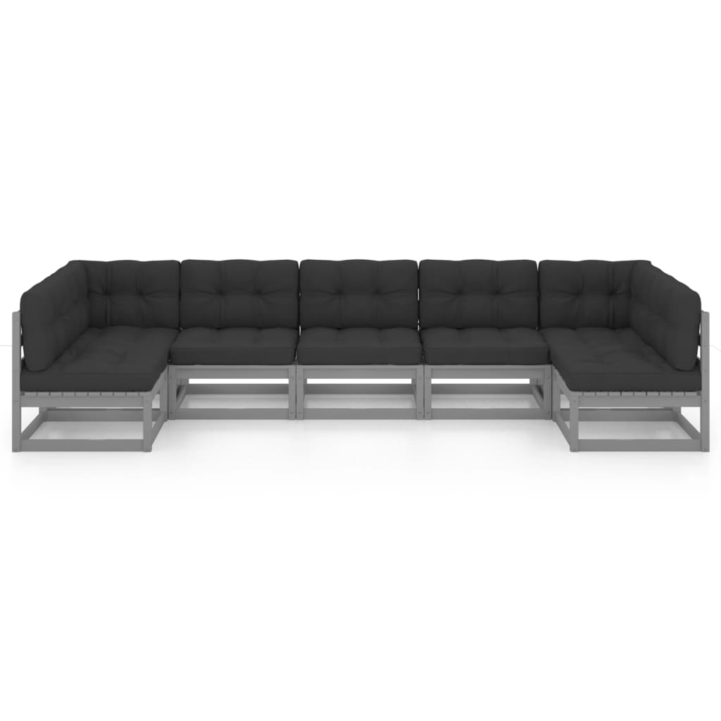 Set Divani da Giardino 7 pz Grigio Cuscini Massello di Pino