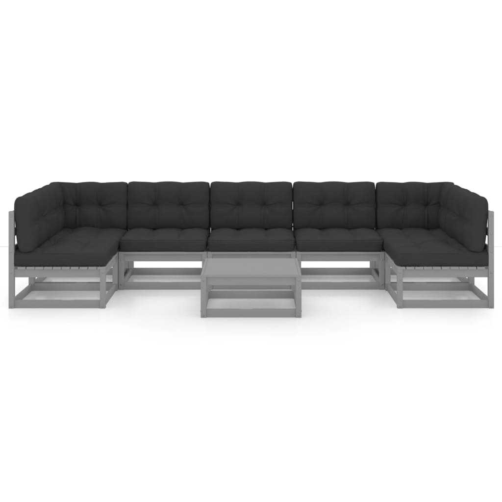 Set Divani da Giardino 8 pz con Cuscini Grigio Massello di Pino