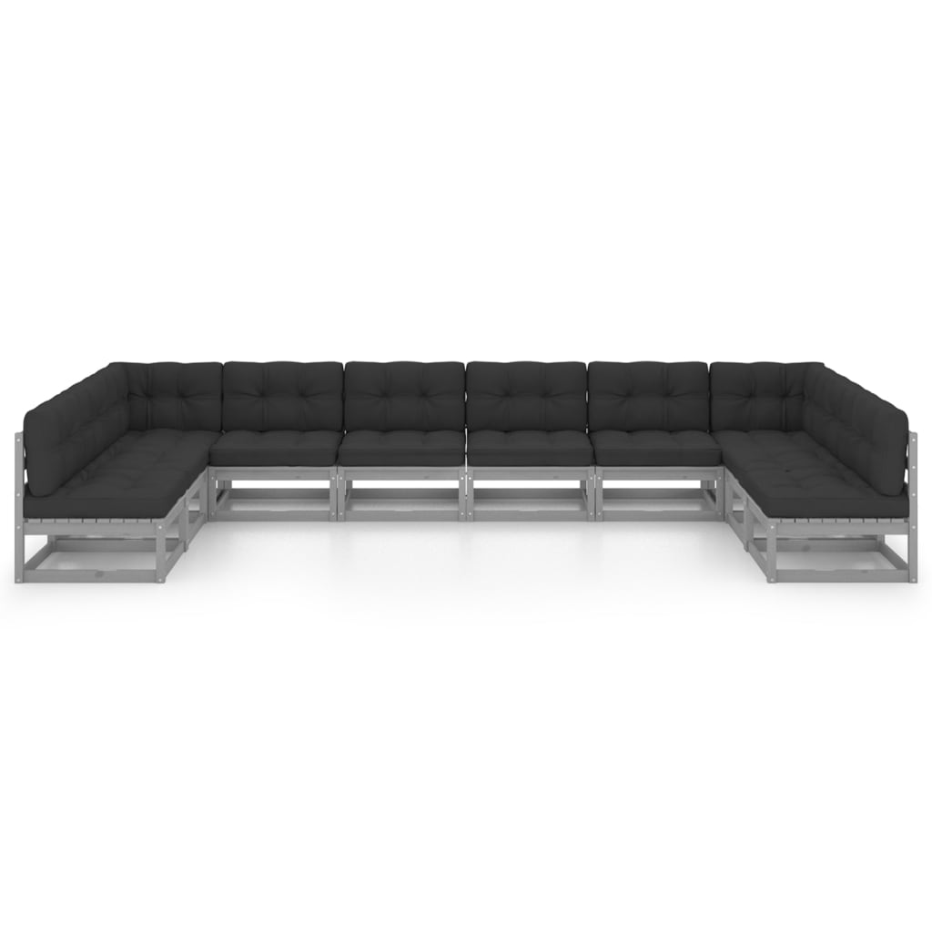 Set Divani da Giardino 10pz con Cuscini Grigio Massello di Pino